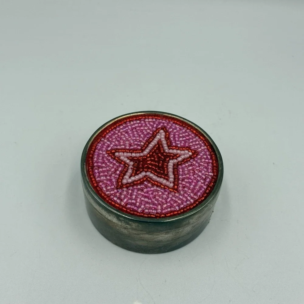 Vintage elissa‎ bloom Trinket Box, Mirror In Lid, Fabric Liner, Beadwork On Top